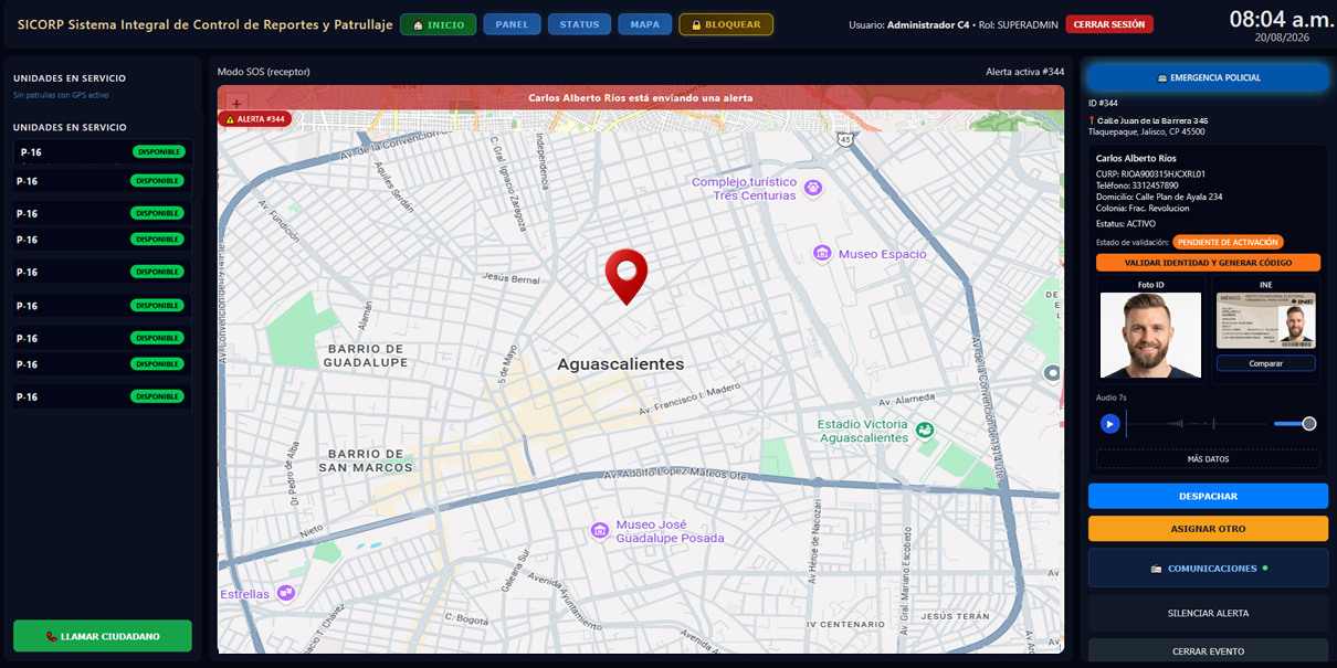 Atención de alerta con mapa, patrullas y datos del ciudadano