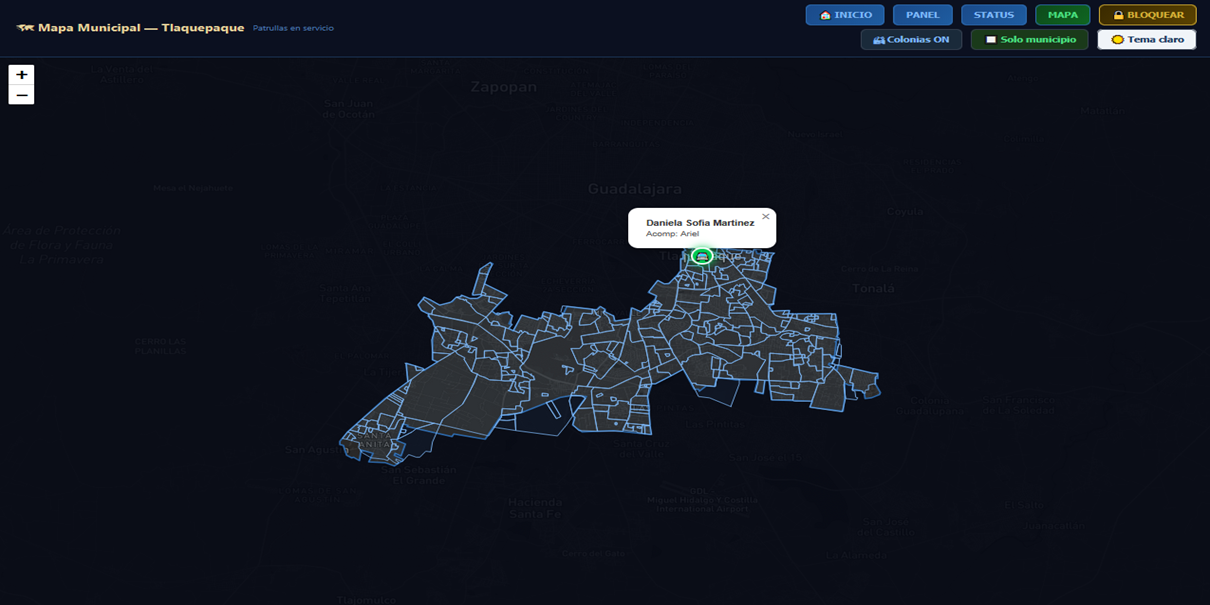 Mapa del municipio con todas las patrullas en tiempo real